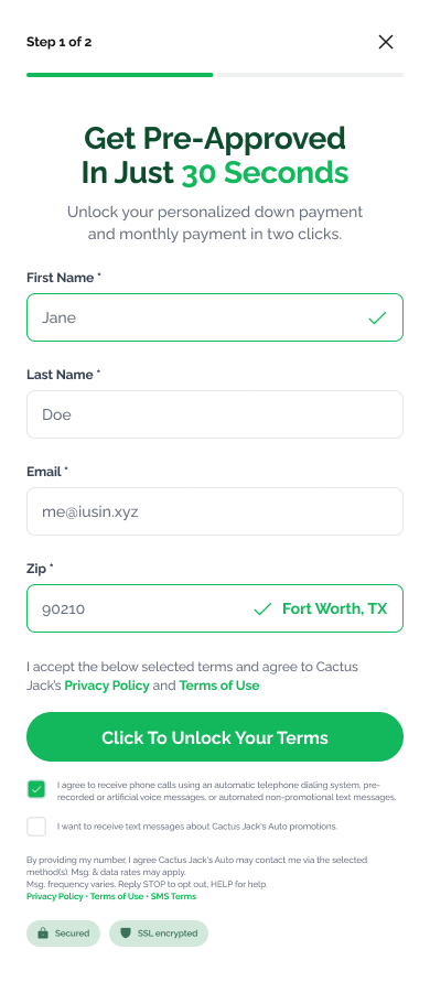 Pre-approval step 1: name, email, zip