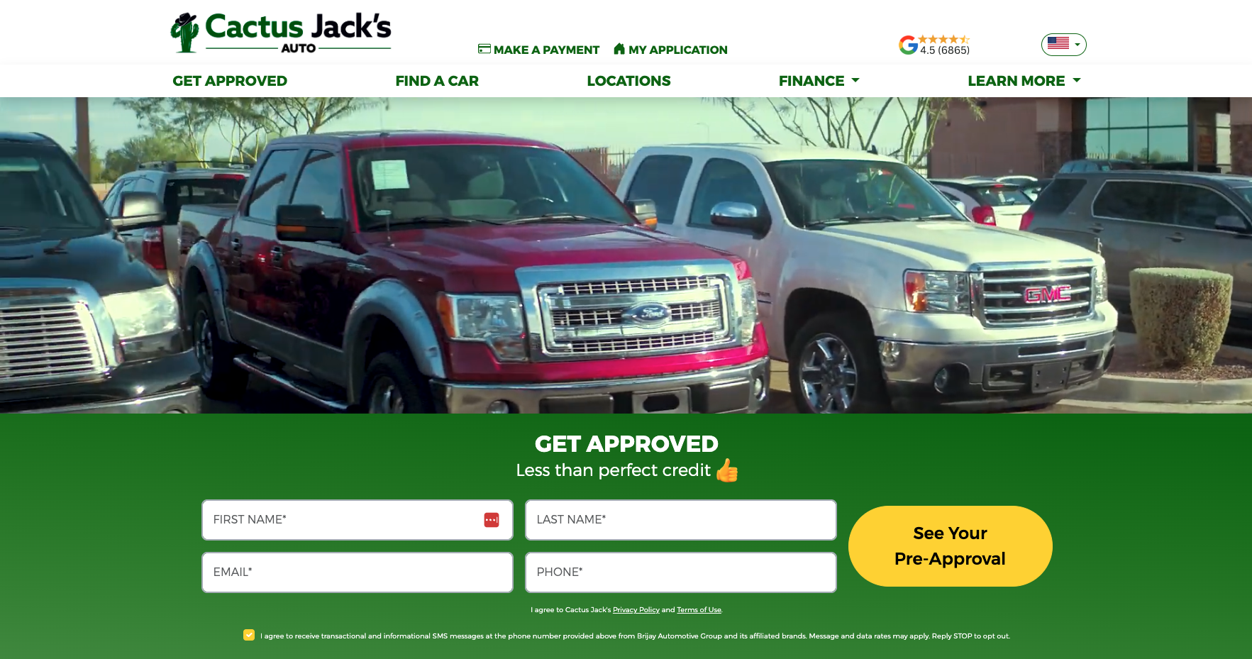 Legacy Cactus Jack's homepage hero with Get Approved form