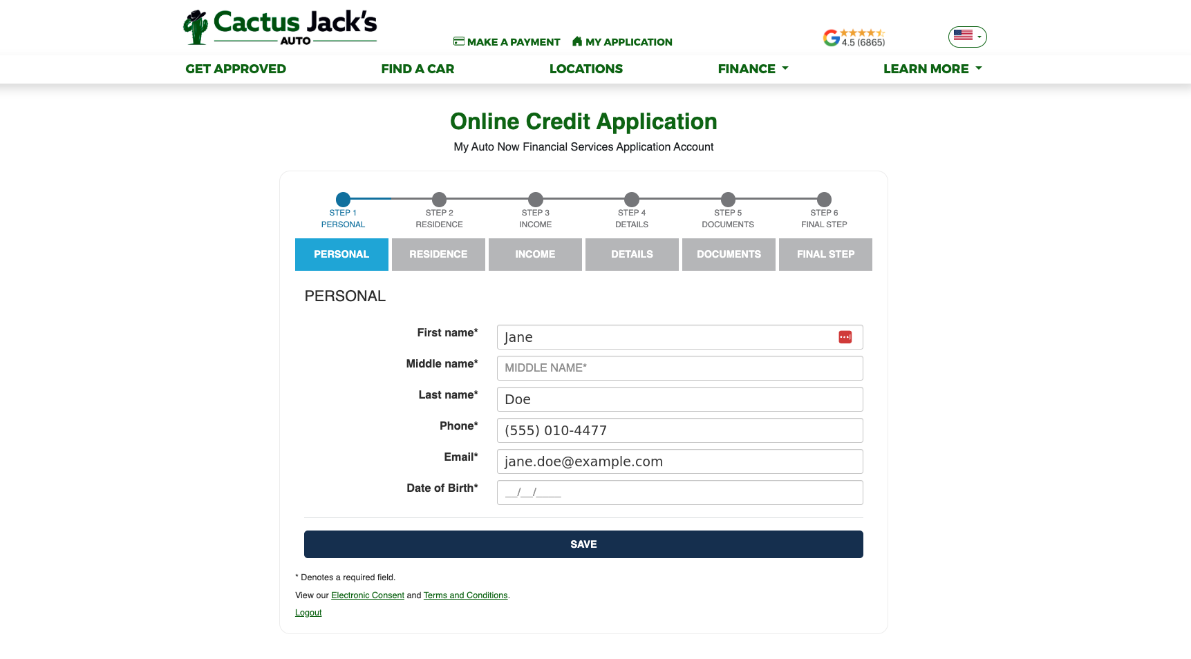 Legacy six-step online credit application