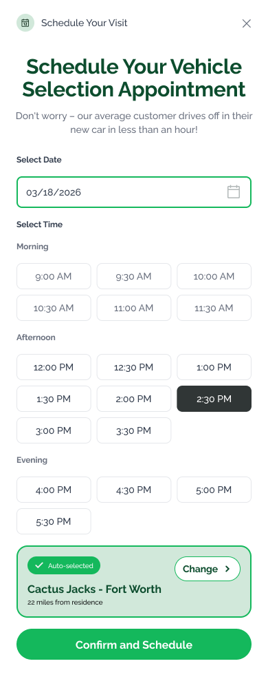 Schedule a visit calendar with date and time pickers