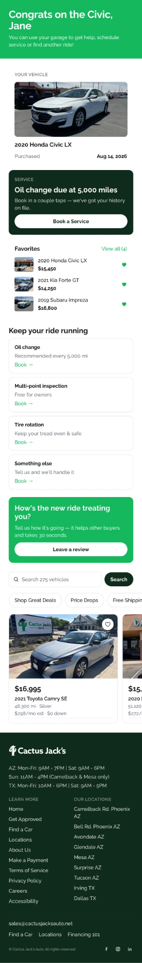Congrats on the Civic, Jane — service reminder