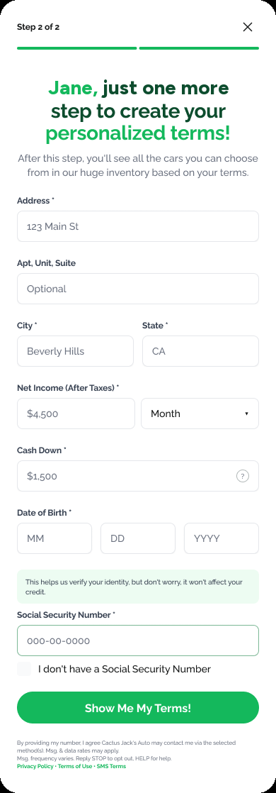 Pre-approval step 2: address, income, SSN